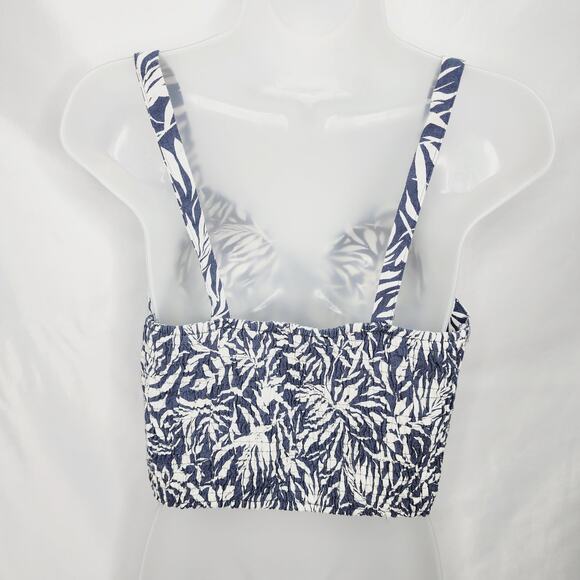Haute Monde Blue & White Tropical Leaf Print V Neck Women's Crop Top Large - Picture 6 of 10